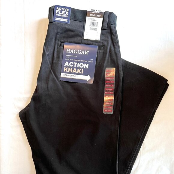Haggar Action Khaki Flex Waistband, Straight Leg, Black Pants, 36W x 32L, NWTS - Picture 1 of 11